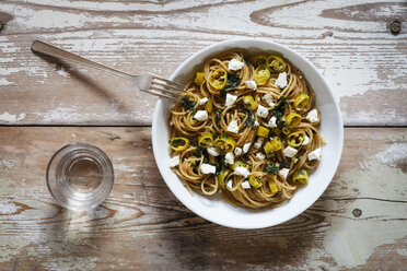 Plate of spelt whole grain spaghetti with feta and chili peppers - EVGF002908