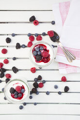 Glasses of Greek yogurt with berries - LVF004683