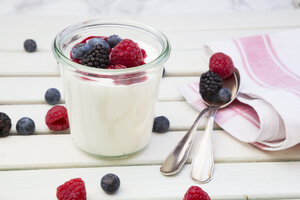 Ein Glas griechischer Joghurt mit Beeren - LVF004686