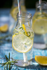 Zitronenscheibe und Rosmarin in Wasserflasche, Trinkhalm - SARF002669