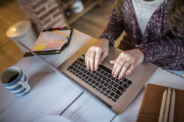 Junge Frau zu Hause bei der Arbeit mit Laptop - HAPF000289