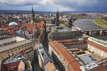 Germany, Dresden, Tower of Dresden Castle, Hausmann Tower and Cathedral, Elbe river - BSCF000519