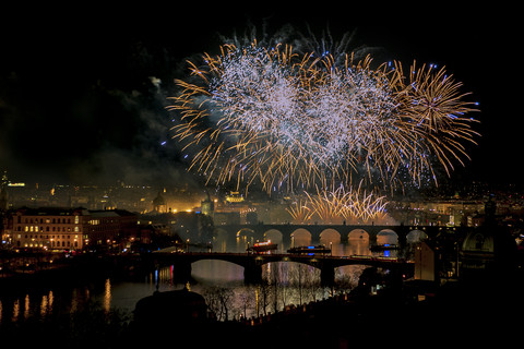 Czechia, Prague, fire works over river Vltava and Charles Bridge stock photo