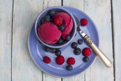 Bowl of wild-berry ice cream stock photo