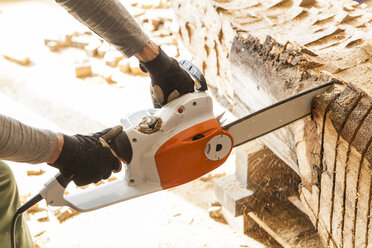 Holzschnitzer in der Werkstatt bei der Bearbeitung von Holz für eine Skulptur mit einer Kettensäge - TCF004945