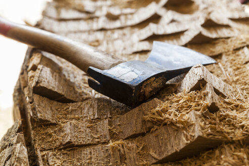 Axt auf Holzblock, vorbereitet für die Bildhauerei - TCF004947