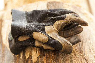 Arbeitshandschuhe auf einem Holzklotz in einer Holzschnitzerwerkstatt - TCF004948