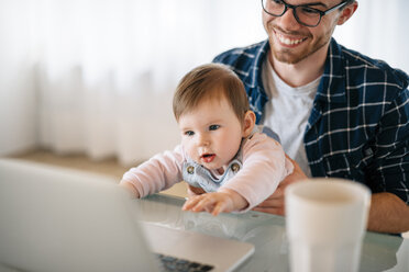 Portrait of baby girl sitting on father's lap looking at laptop - BRF001297