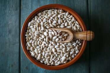 Bowl of dried white beans on wood - KIJF000301
