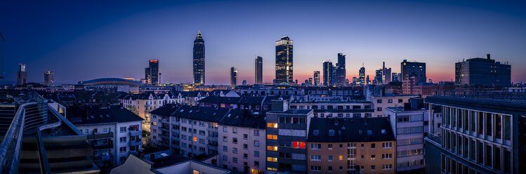 Germany, Frankfurt, Skyline of finanial district in the evening - MPAF000058