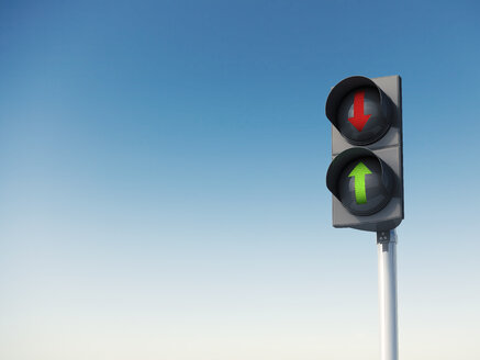 Himmel und Ampel, rotes und grünes Pfeilschild, 3D Rendering - AHUF000149