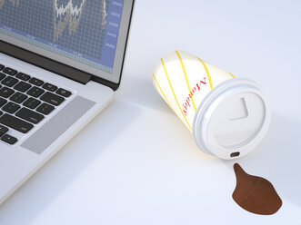 Gefallener Coffee-to-go-Becher, Laptop, 3D-Rendering - AHUF000150