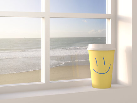 Coffee to go Becher auf der Fensterbank, Strand im Hintergrund, 3D Rendering - AHUF000152