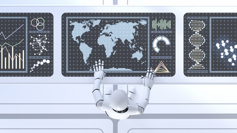 Roboter working on working desk, screens, 3D Rendering stock photo