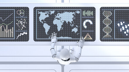 Roboter am Arbeitstisch, Bildschirme, 3D-Rendering - AHUF000153
