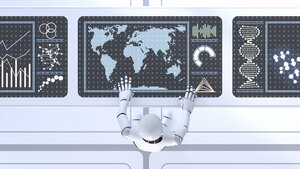 Roboter am Arbeitstisch, Bildschirme, 3D-Rendering - AHUF000153
