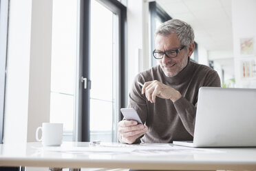 Älterer Mann sitzt im Büro und benutzt einen Laptop - RBF004337