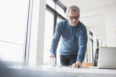 Älterer Mann arbeitet im Büro und benutzt einen Laptop - RBF004343