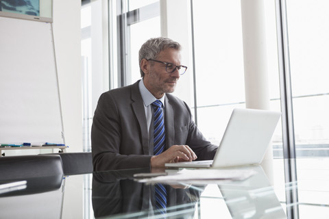 Mature manager sitting in office using laptop stock photo