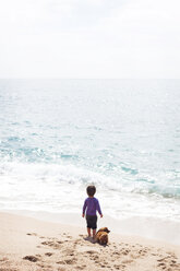 Rückenansicht eines kleinen Jungen, der neben seinem Hund am Strand steht und auf das Meer schaut - VABF000433