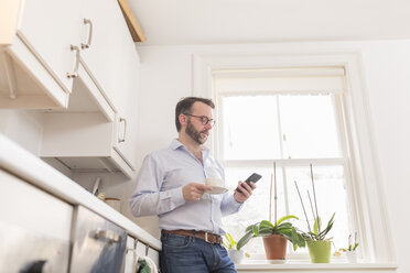 Mann steht in der Küche mit einer Tasse Kaffee und schaut auf sein Smartphone - BOYF000282