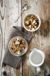Homemade granola of oat, almond, quinoa, raisin and dried apple rings - EVGF002928