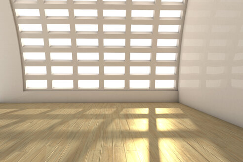 Leerer weißer Raum mit Laminatboden, 3D Rendering - CMF000390