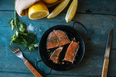 Salmon fillets on plate with parsley, lemon and salt - KIJF000324