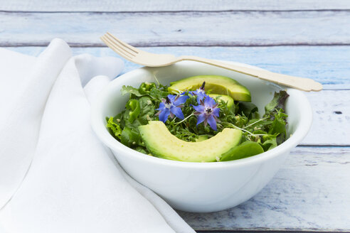 Detox Bowl aus verschiedenen Salaten, Gemüse, Kresse, Quinoa, Avocado und Sternblumen - LVF004759