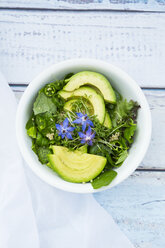 Detox Bowl aus verschiedenen Salaten, Gemüse, Kresse, Quinoa, Avocado und Sternblumen - LVF004760