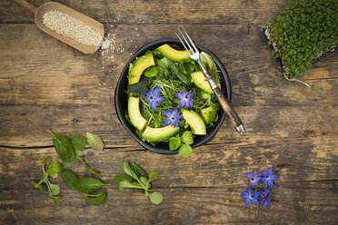 Detox Bowl aus verschiedenen Salaten, Gemüse, Kresse, Quinoa, Avocado und Sternblumen - LVF004763