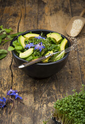 Detox Bowl aus verschiedenen Salaten, Gemüse, Kresse, Quinoa, Avocado und Sternblumen - LVF004764