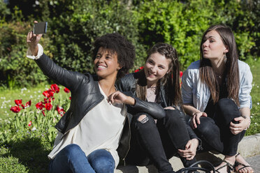 Drei Freundinnen sitzen im Gras und machen ein Selfie mit ihrem Smartphone - MAUF000442