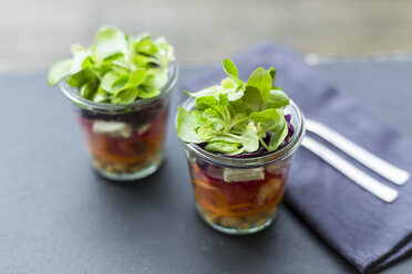 Regenbogensalat im Glas mit Kichererbsen, Tomaten, Karotten, Rotkohl, roten Radieschen, Kopfsalat und Fetakäse - SARF002692