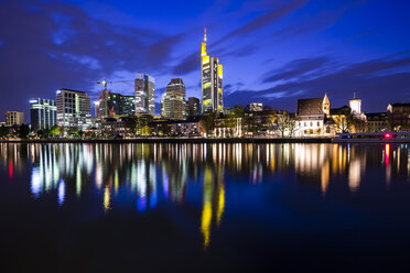 Germany, Hesse, Frankfurt, financial district in the evening, Main river at blue hour - WGF000856