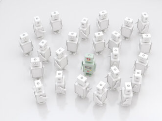 Gruppe von weißen Robotern mit einem farbigen dazwischen, 3D Rendering - UWF000862