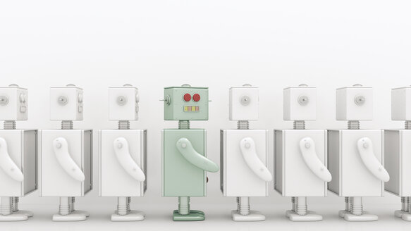 Row of white robots with a coloured one in between, 3D Rendering - UWF000863
