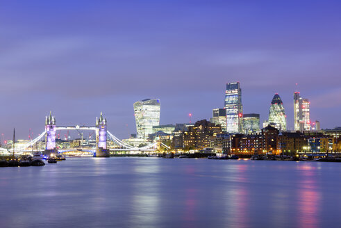 UK, London, skyline with River Thames at blue hour - BRF001318