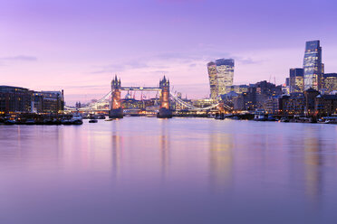 UK, London, skyline with River Thames and Tower Bridge at dusk - BRF001344