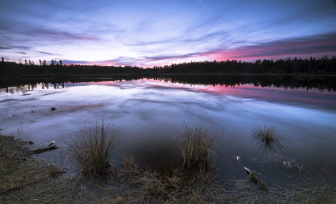 Deutschland, Bayern, Schoenramer Moor bei Sonnenuntergang, lizenzfreies Stockfoto