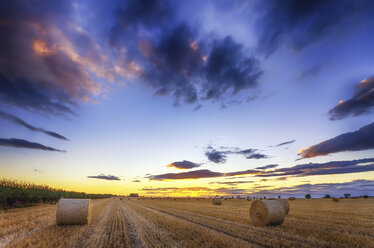 Schottland, East Lothian, Heuballen auf einem Feld bei Sonnenuntergang - SMAF000461