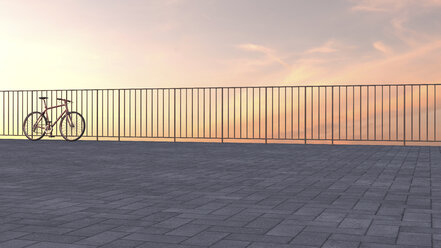 Rennrad an Geländer gelehnt bei Sonnenuntergang, 3D Rendering - UWF000868