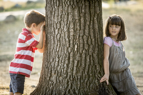 Little boy and girl playing hide and seek in nature - ZOCF000118