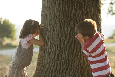 Kleiner Junge und Mädchen spielen Verstecken in der Natur - ZOCF000120