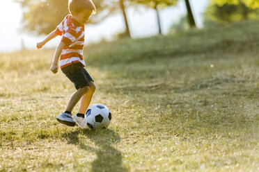 Kleiner Junge spielt Fußball auf einer Wiese - ZOCF000121