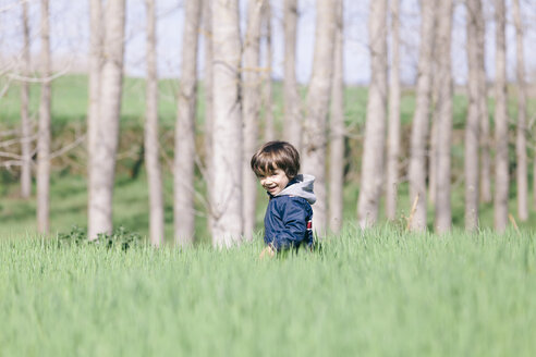 Porträt eines kleinen Jungen, der in einem Feld spazieren geht - XCF000082