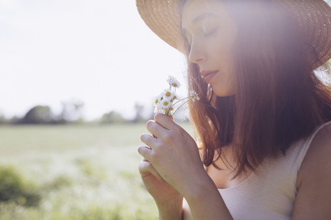 Young woman with daisies at backlight stock photo