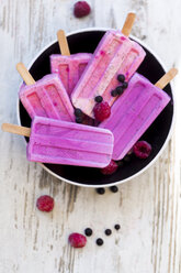 Plate with homemade blueberry ice lollies and raspberry ice lollies with chia - SARF002715