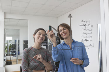 Geschäftsfrau mit Kollege zeichnet Diagramm auf Glasscheibe im Büro - RBF004510