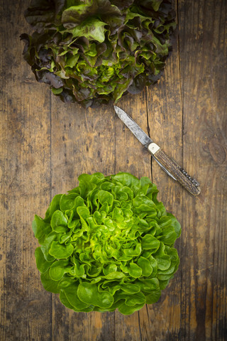 Zwei verschiedene Blattsalate und Taschenmesser auf Holz, lizenzfreies Stockfoto